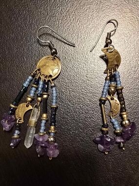 Mom's Bohemian Amethyst & Brass Sun And Moon Dangle Earrings - Purple
